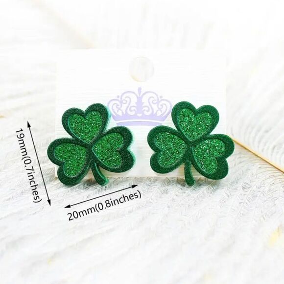 Shamrock Earrings-3 Leaf Clover Stud-St Patricks Day Earrings-Sparkly Green Stud - Picture 3 of 8